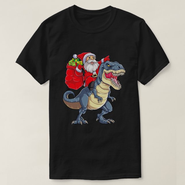 T-shirt Père Noël équitation Dinosaur T Rex Christmas Boys (Design devant)