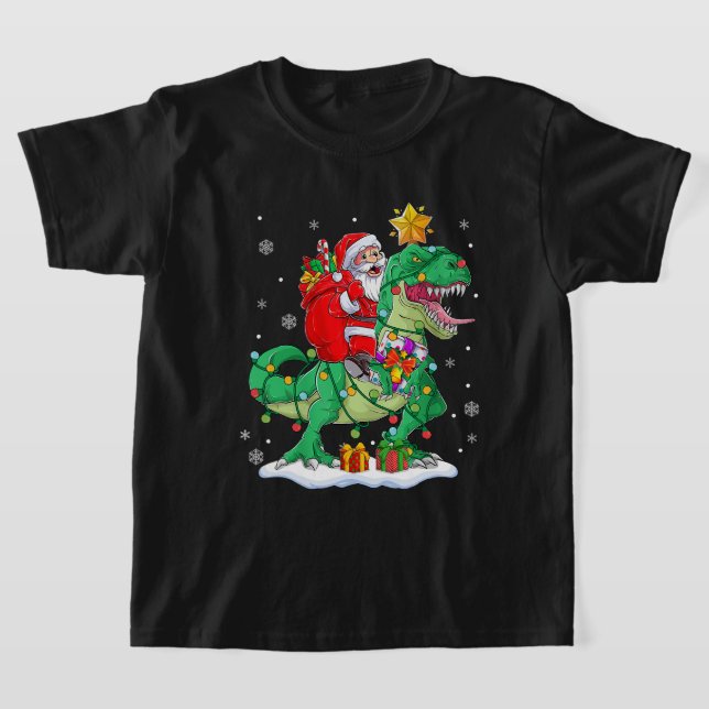 T-shirt Père Noël équitation Dinosaur T rex Christmas Boys (Poser)