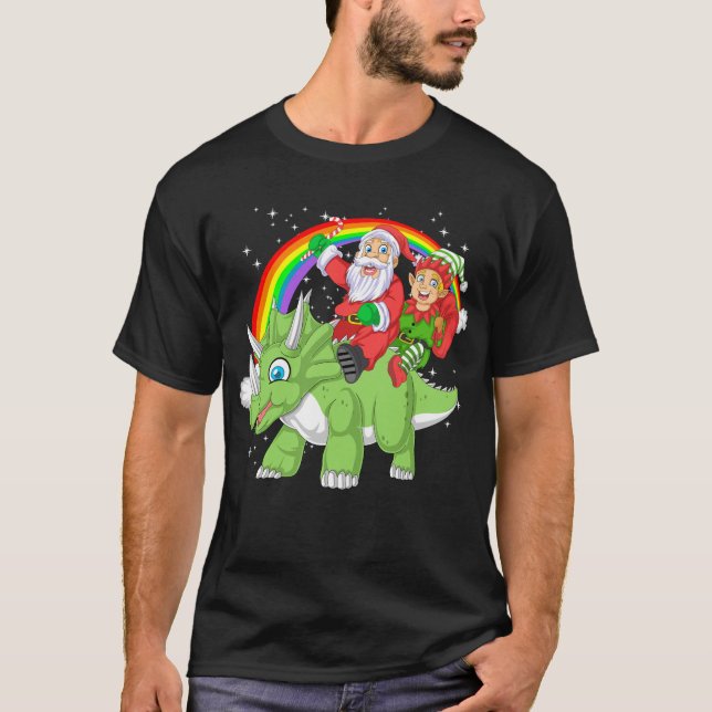 T-shirt père Noël et elf équitation triceratops (Devant)