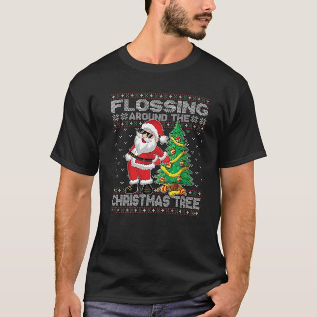 T-shirt père Noël Floss Flossant Autour De L'Arbre De Noël (Devant)