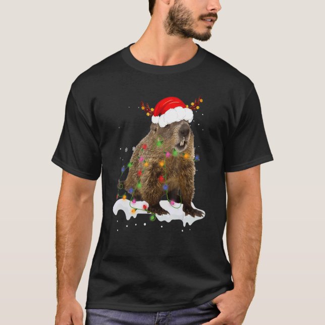 T-shirt Père Noël Groundhog Animal Noël Lumières Noël (Devant)
