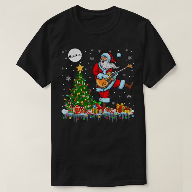 T-shirt Père Noël Jouer Guitare Arbre de Noël Lumières Gui (Design devant)
