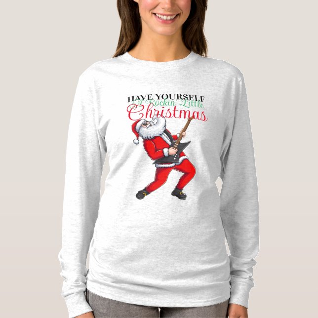 T-shirt Père Noël Jouer Guitare Drôle Noël Long Sleeve (Devant)