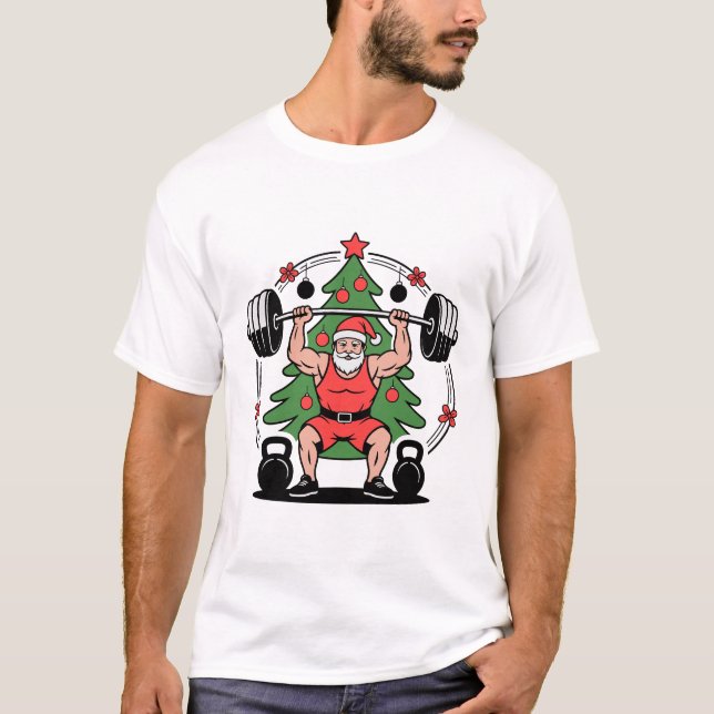 T-shirt Père Noël Lifting Weights Christmas Tree Fitness (Devant)