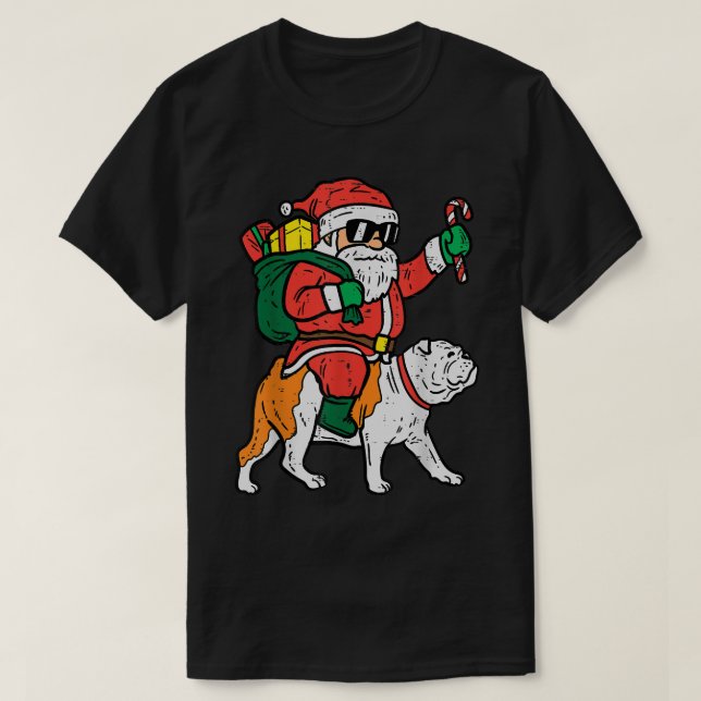 T-shirt Père Noël Riding English Bulldog Noël PJs Xmas Pa (Design devant)
