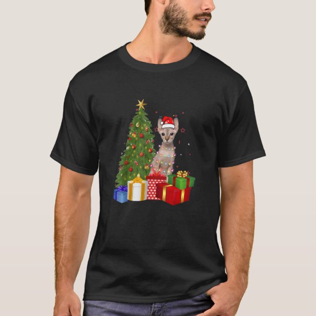 T-shirt Père Noël Sphynx Chat Noël Arbre Lumière Noël Chat (Devant)