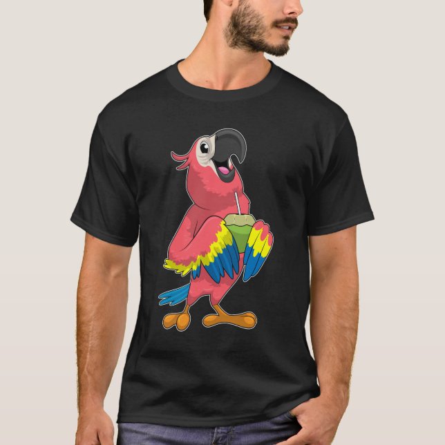T-shirt Perroquet et noix de coco avec paille à boire (Devant)