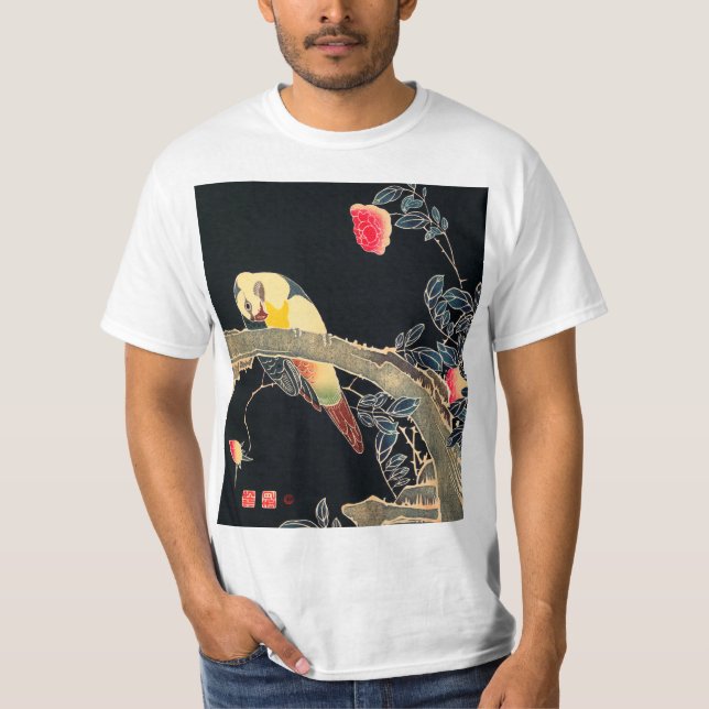 T-shirt Perroquet sur la branche d'un Rose en fleurs Bush (Devant)
