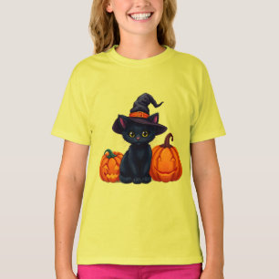 T-shirt Personnage de chat noir Halloween avec chapeau de