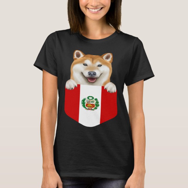 T-shirt Peru Flag Shiba Inu Dog In Pocket (Devant)