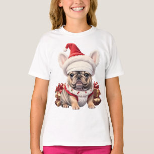 T-shirt Petit Chien à taureaux français Santa Hat Joyeux N