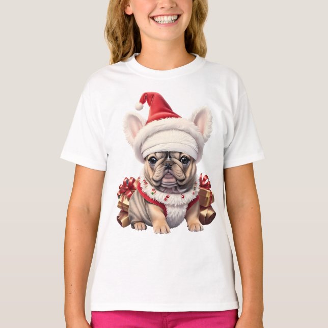 T-shirt Petit Chien à taureaux français Santa Hat Joyeux N (Devant)
