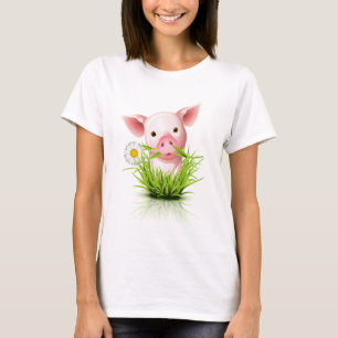 T-shirt Petit cochon rose dans l'herbe