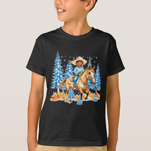 T-shirt Petit Cow-boy Noir Sur La Scène Hivernale Du Cheva