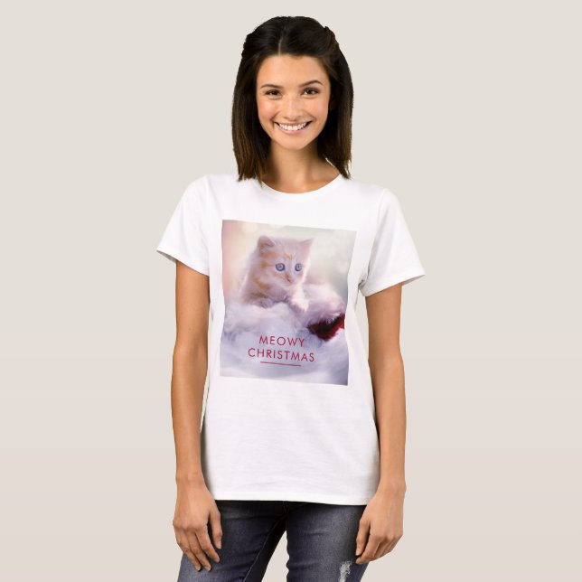 T-shirt Petit Kitten reposant sur un chapeau de Noël Meowy (Devant entier)