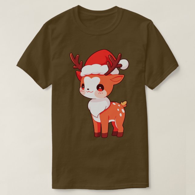T-shirt Petit renne de Noël Kawaii à Santa Hat (Design devant)