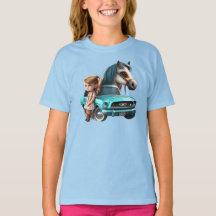 Petite Fille Blonde Avec Mustang Voiture Pony Hors