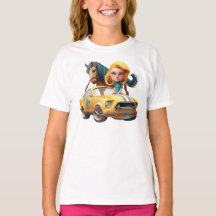 Petite Fille Blonde Avec Mustang Voiture Pony Hors