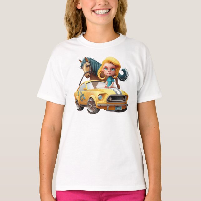 T-shirt Petite Fille Blonde Avec Mustang Voiture Pony Hors (Devant)