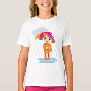 T-shirt Petite Fille en Manteau Orange avec Parapluie Rose