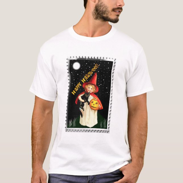 T-shirt Petite fille nostalgique, Jack-o’-lanterne et chat (Devant)
