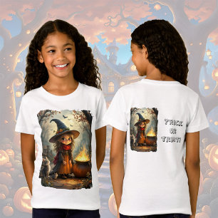 T-Shirt Petite sorcière mignonne dans la forêt avec un cha