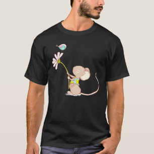 T-shirt Petite Souris Mignonne Avec Oiseau Fleur L Souris