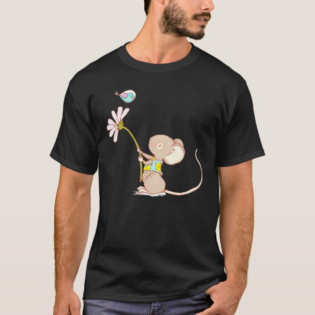 T-shirt Petite Souris Mignonne Avec Oiseau Fleur L Souris  (Devant)