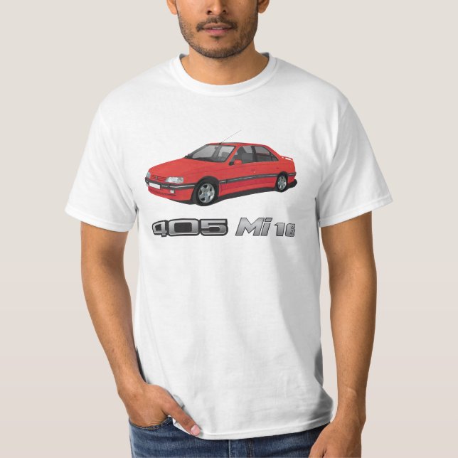 T-shirt Peugeot 405 avec l'insigne métallique de MI 16, (Devant)