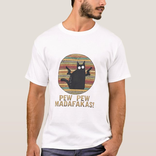 T-shirt Pew Pew Madafakas Funny Cat Retro  (Devant)