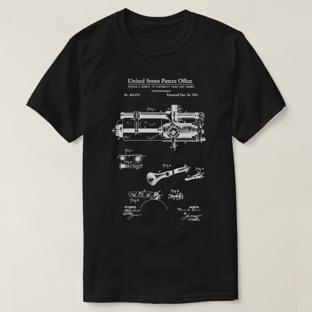 T-shirt Phonographe cylindrique de brevet américain (Design devant)