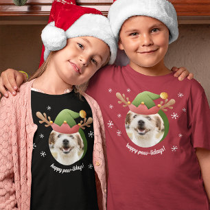 T-shirt Photo de chien avec Elf Reindeer Antler Casquette 