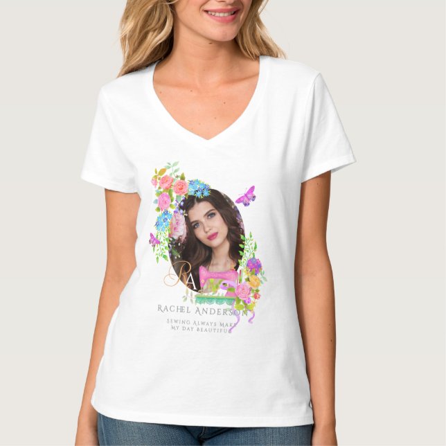 T-shirt Photo de monogramme floral de ruban à coudre (Devant)