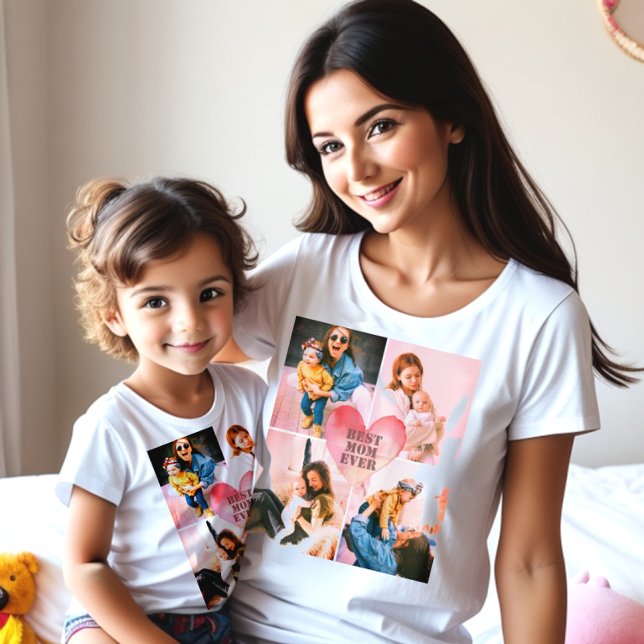 T-shirt Photos filtrées personnalisées x4 et coeur monogra (Heart monogram with custom text and four personalized pictures. Best mom ever)