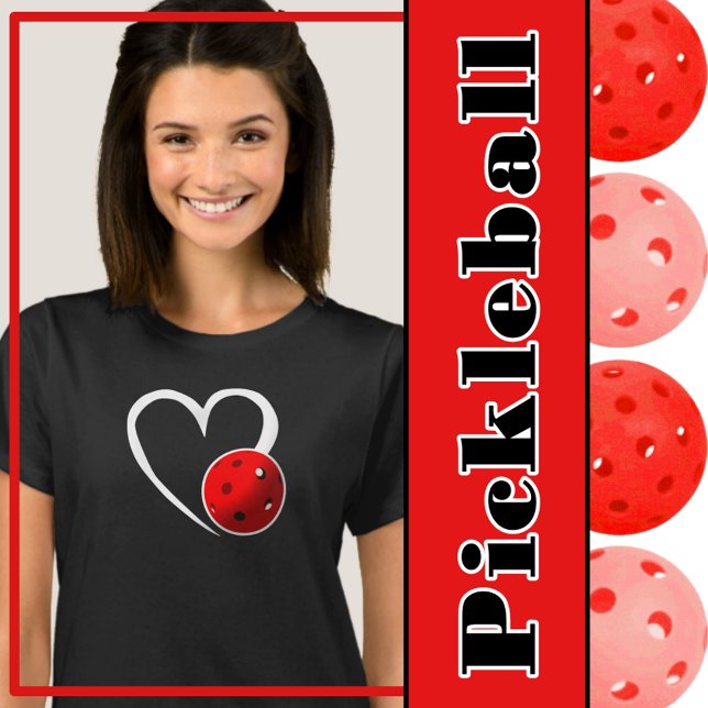 T-shirt Pickleball Amour Coeur Blanc Pickleball Rouge (Pickleball love - pickleball heart with red pickleball)