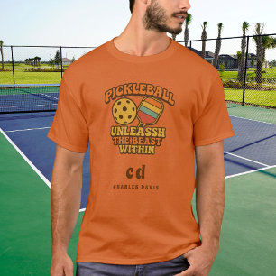 T-shirt Pickleball orange fun citation rétro monogramme