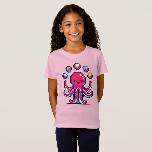 T-Shirt Pieuvre en jonglage : Pixel 8 bits coloré Art (Devant entier)