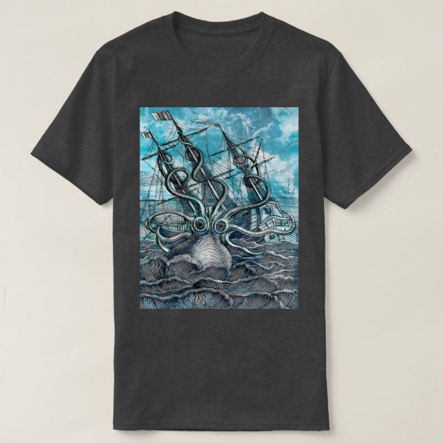 T-shirt Pieuvre géante Mer Bleue Monstre Voilier (Design devant)