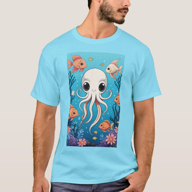 T-shirt Pieuvre mignonne et poissons (Devant)
