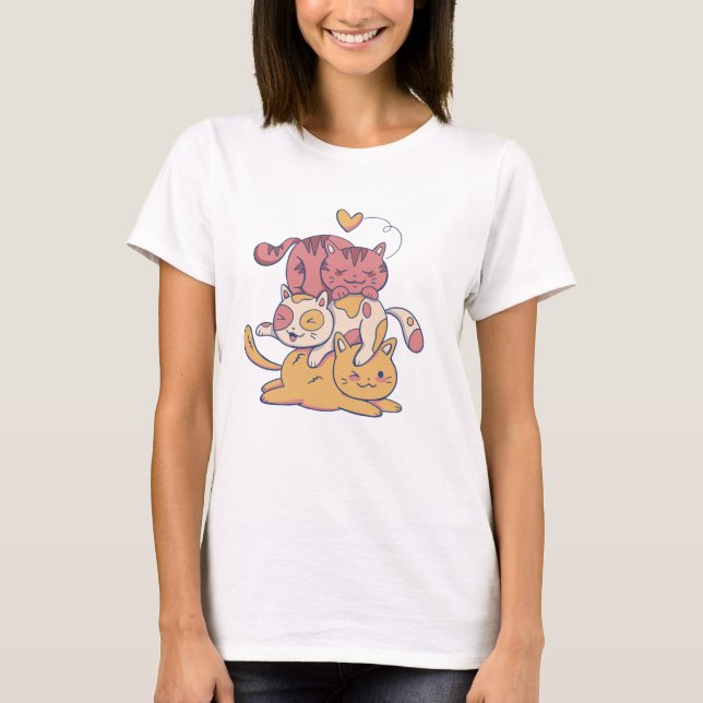 T-shirt Pile adorable de chats et un coeur (Devant)
