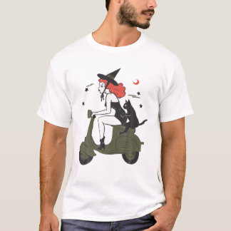 T-shirt Pin Up Sorcière Scooter Halloween Chat Noir Pi