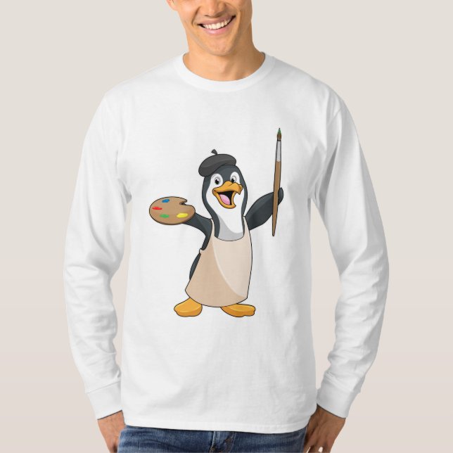 T-shirt Pingouin as Painter with Paint brush & Colour (Devant)