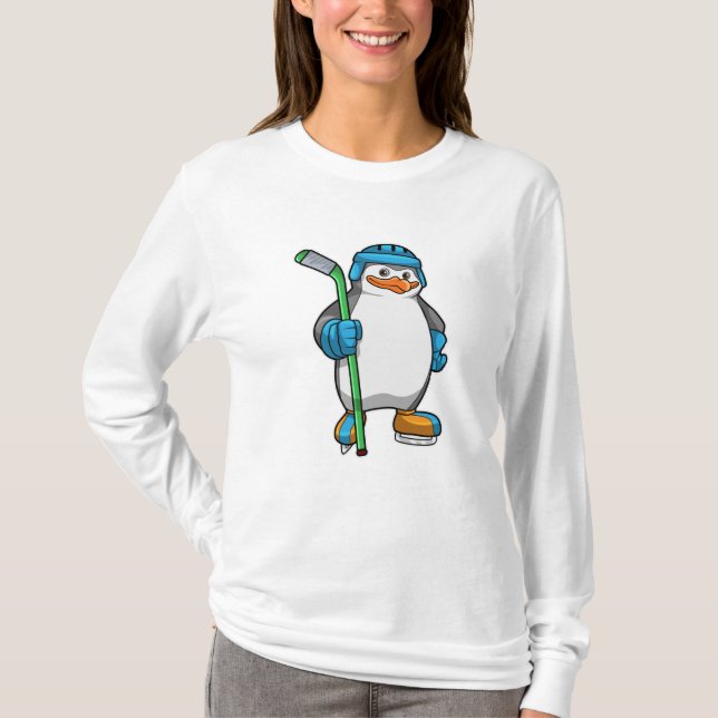 T-shirt Pingouin au hockey sur glace avec bâton de hockey  (Devant)