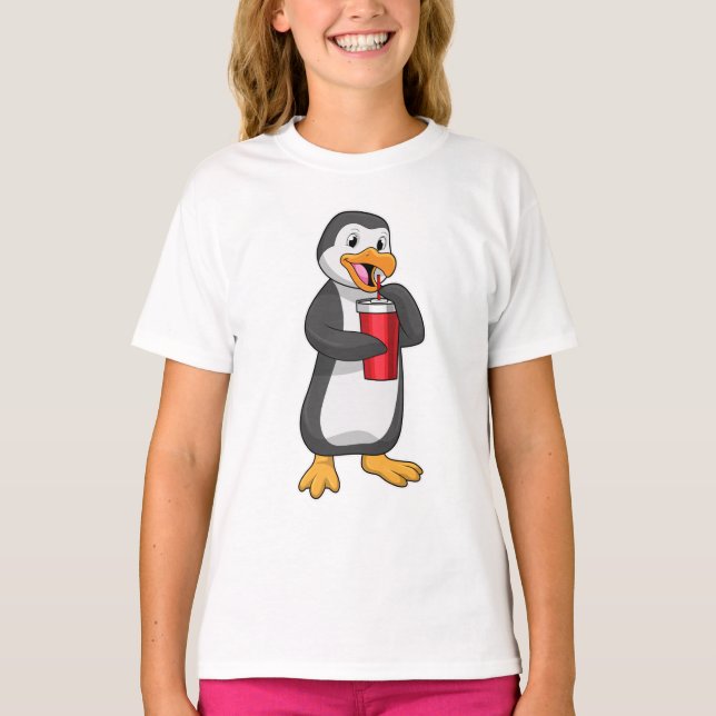 T-shirt Pingouin avec tasse à boire avec paille (Devant)