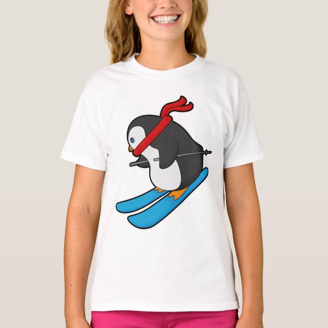 T-shirt Pingouin comme skieur avec ski (Devant)