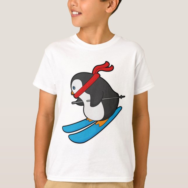 T-shirt Pingouin comme skieur avec ski (Devant)