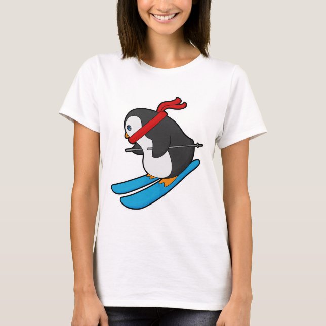 T-shirt Pingouin comme skieur avec ski (Devant)
