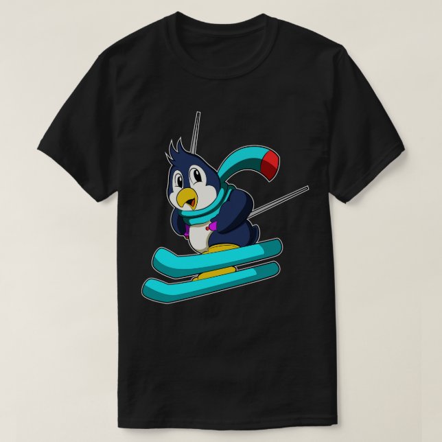 T-shirt Pingouin comme skieur avec ski (Design devant)