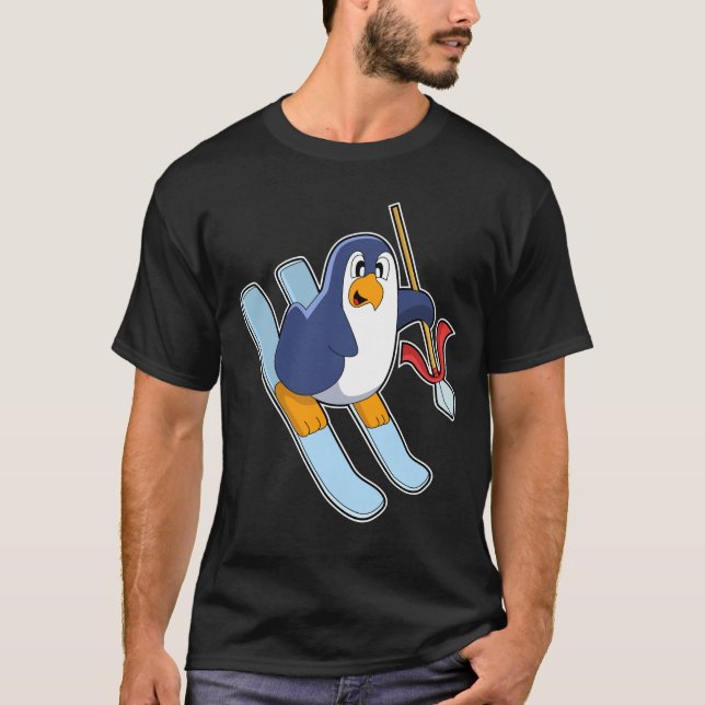 T-shirt Pingouin comme skieur avec ski (Devant)