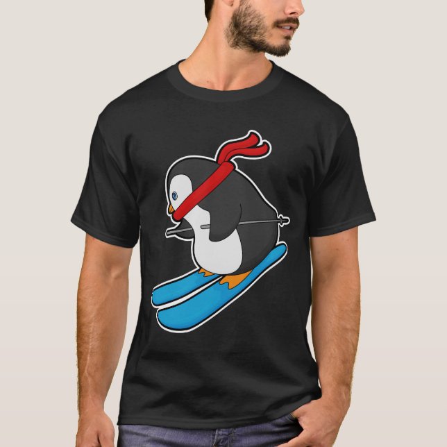 T-shirt Pingouin comme skieur avec ski (Devant)